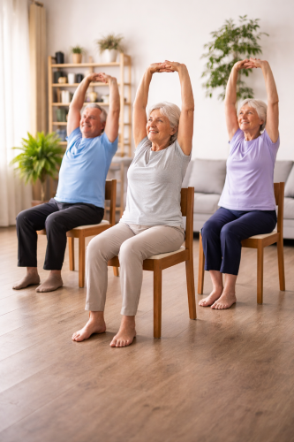 Senioren sitzen auf Stühlen und strecken ihre Arme in einer Yoga-Übung in einem hellen Raum.