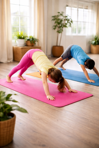 Zwei Kinder machen Yoga im Hundposition auf bunten Matten in einem hellen Raum mit Pflanzen und großen Fenstern.